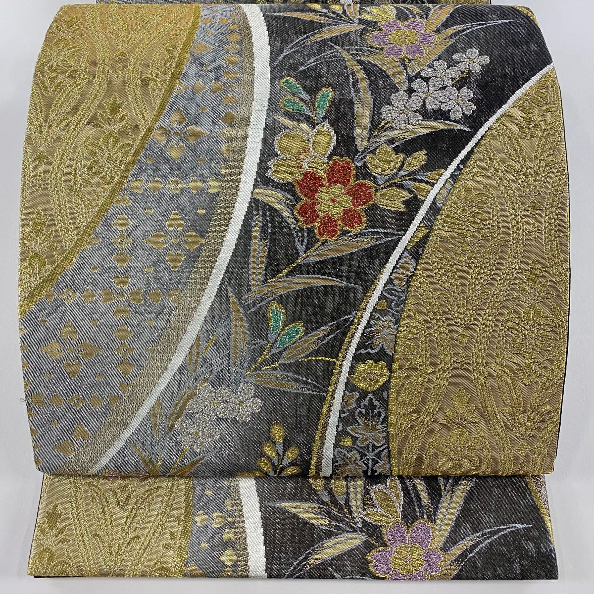 【美品】 袋帶 秀品級 櫻花菱 金絲 金金箔 黑灰 六通 純蠶絲