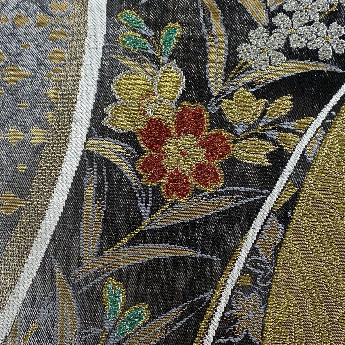 【美品】 袋帶 秀品級 櫻花菱 金絲 金金箔 黑灰 六通 純蠶絲