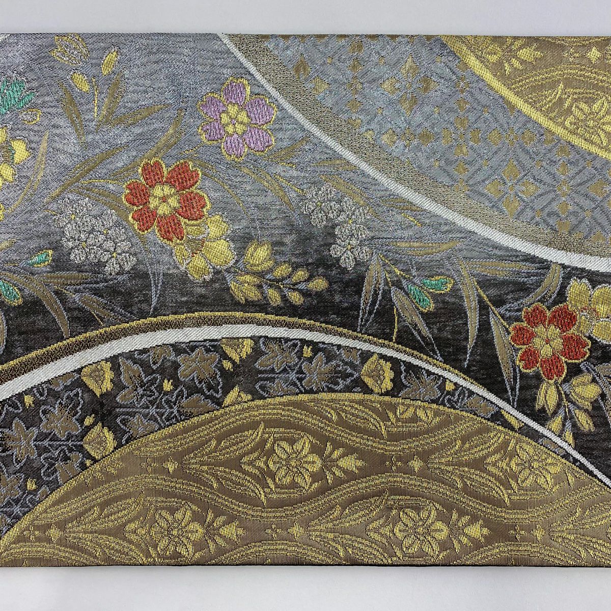 【美品】 袋帶 秀品級 櫻花菱 金絲 金金箔 黑灰 六通 純蠶絲