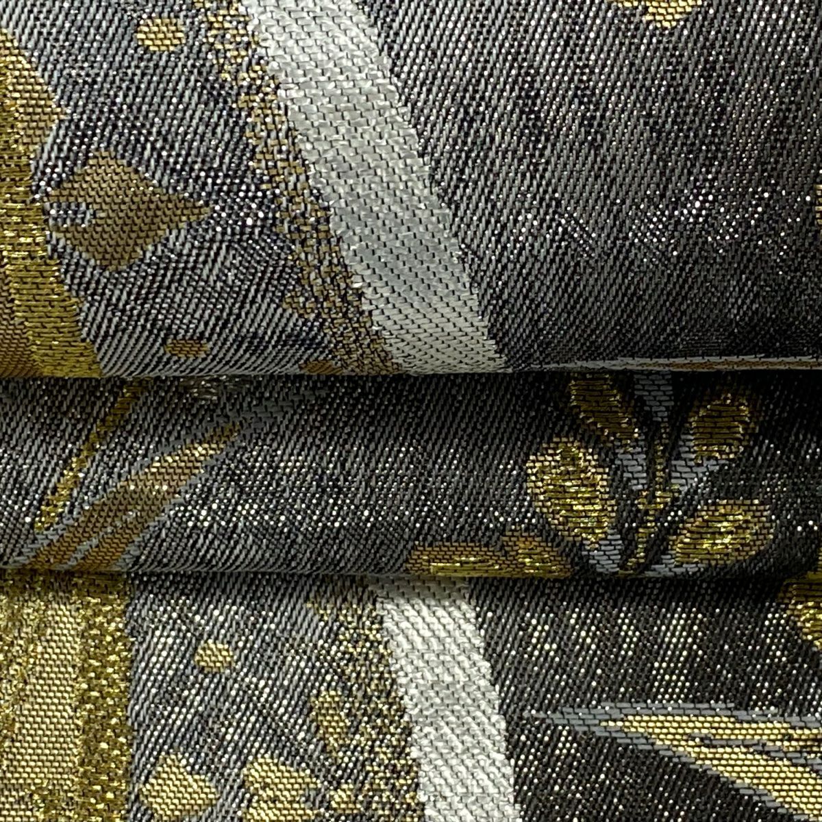【美品】 袋帶 秀品級 櫻花菱 金絲 金金箔 黑灰 六通 純蠶絲