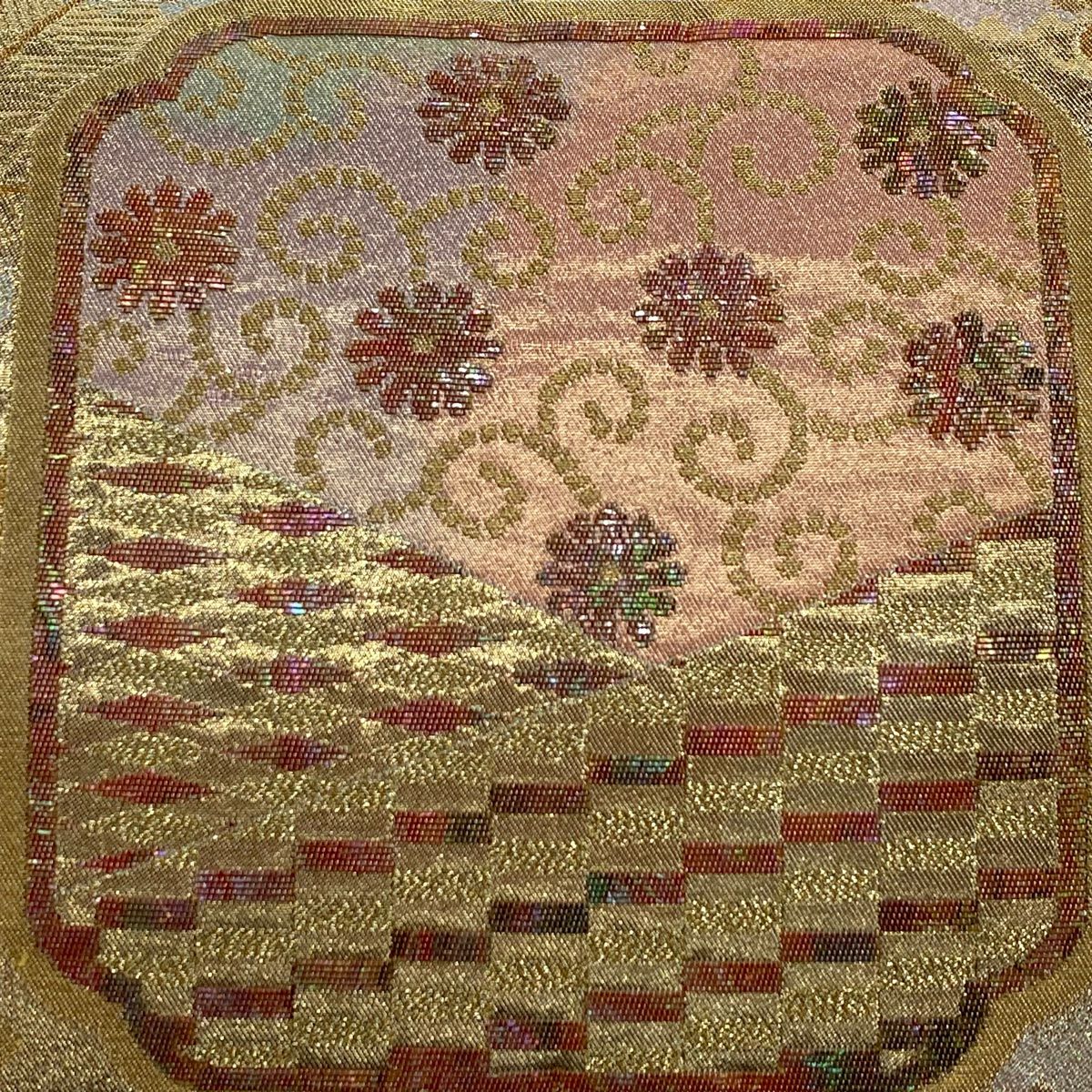 【美品】 袋帶 秀品級 螺鈿織 枝梅花 菊花唐草紋 金糸 金金箔 金色 大鼓圖案 純蠶絲