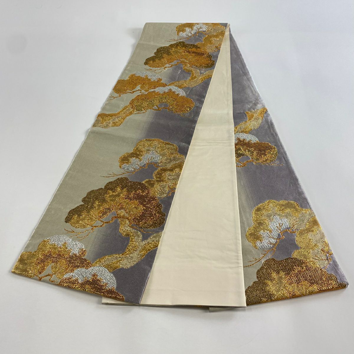 袋帶 秀品級 笠松樹 金金箔 拉麵絲 淺紫 六通 純蠶絲