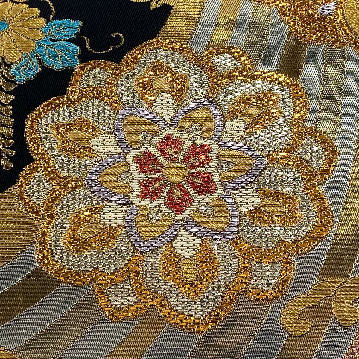 袋帶 秀品級 華紋 波頭 金絲 金金箔 黑 六通 純蠶絲