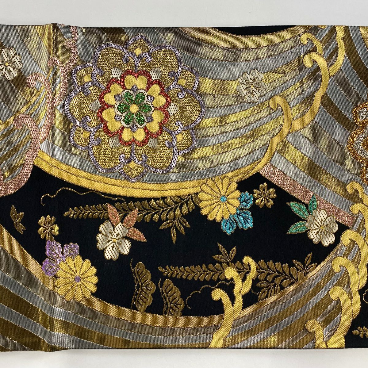 袋帶 秀品級 華紋 波頭 金絲 金金箔 黑 六通 純蠶絲