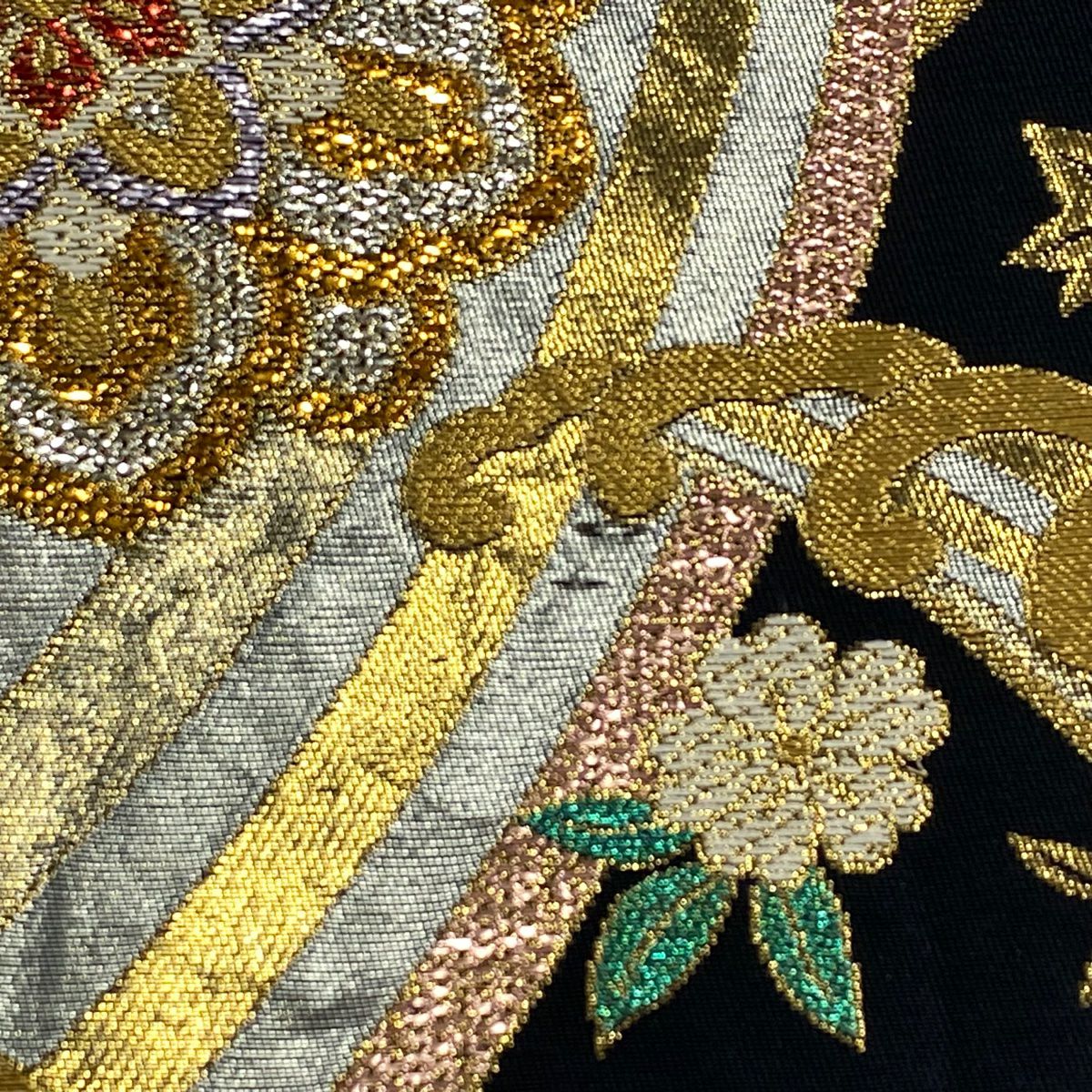 袋帶 秀品級 華紋 波頭 金絲 金金箔 黑 六通 純蠶絲