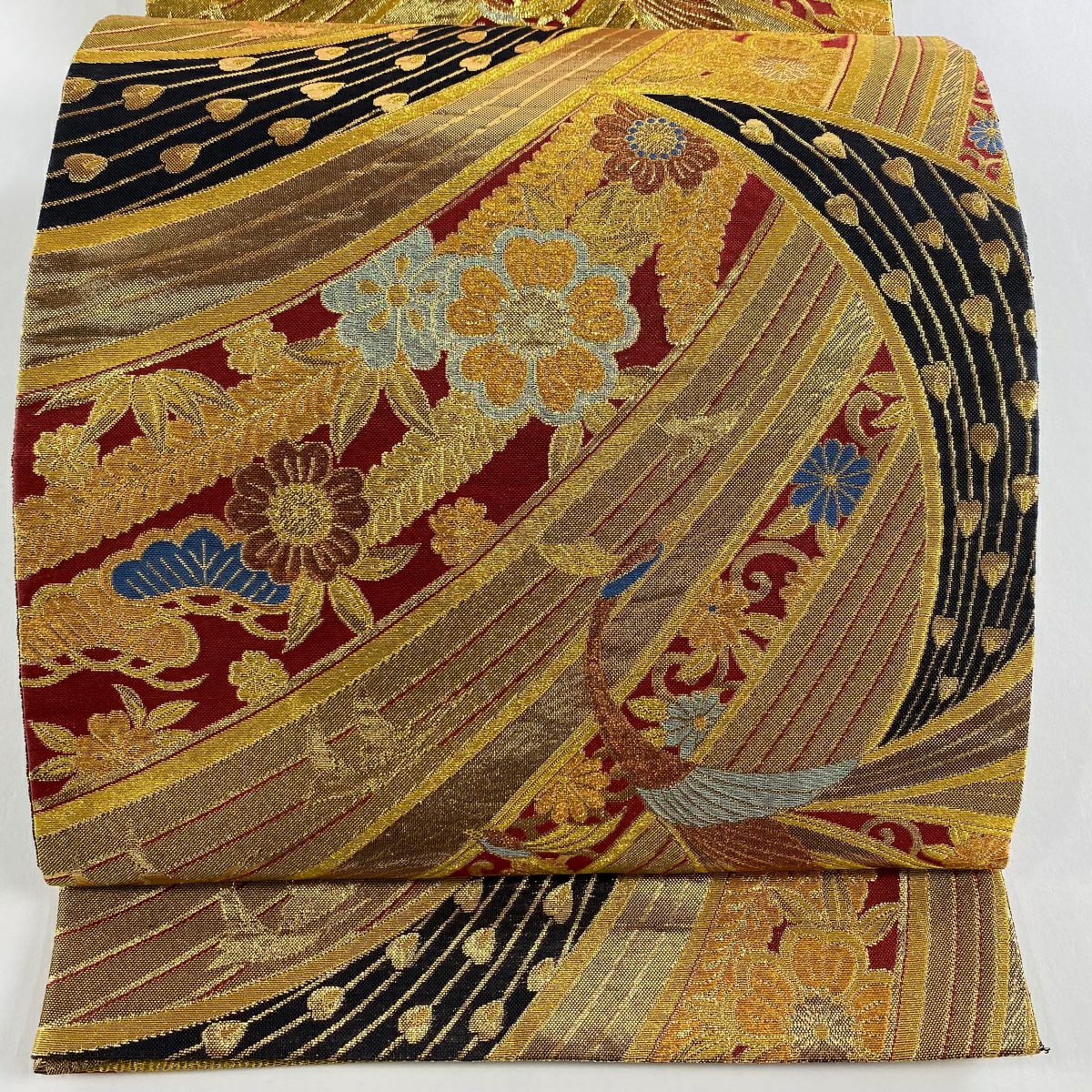 【美品】 袋帶 秀品級 草花紋紋 鳥 金絲 金金箔 金色 六通 純蠶絲
