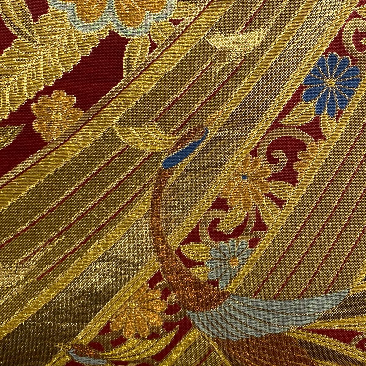 【美品】 袋帶 秀品級 草花紋紋 鳥 金絲 金金箔 金色 六通 純蠶絲