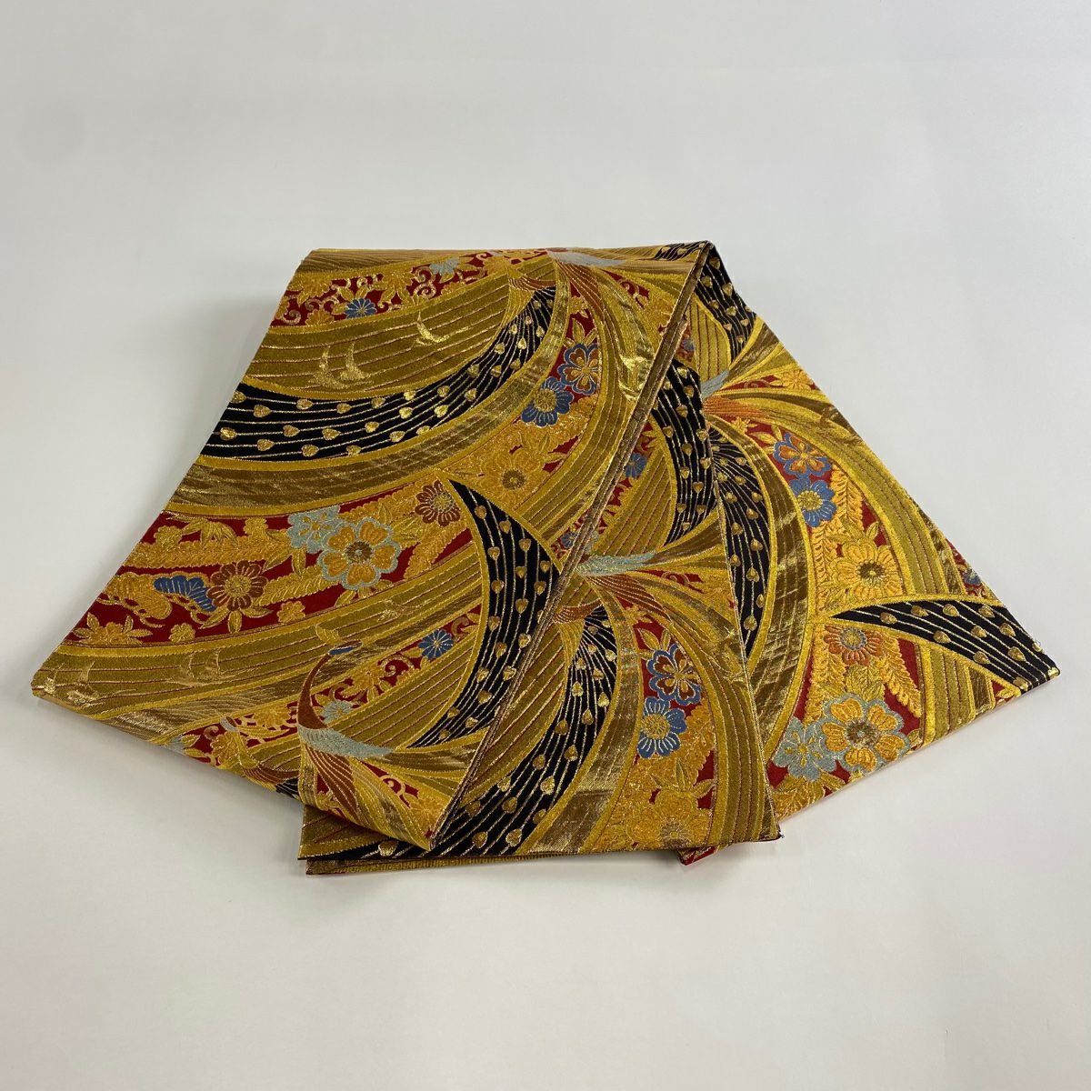 【美品】 袋帶 秀品級 草花紋紋 鳥 金絲 金金箔 金色 六通 純蠶絲