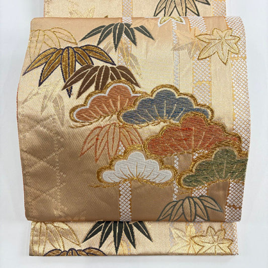 袋帶 秀品級 松樹竹子 楓 唐織 金金箔 金色 六通 純蠶絲