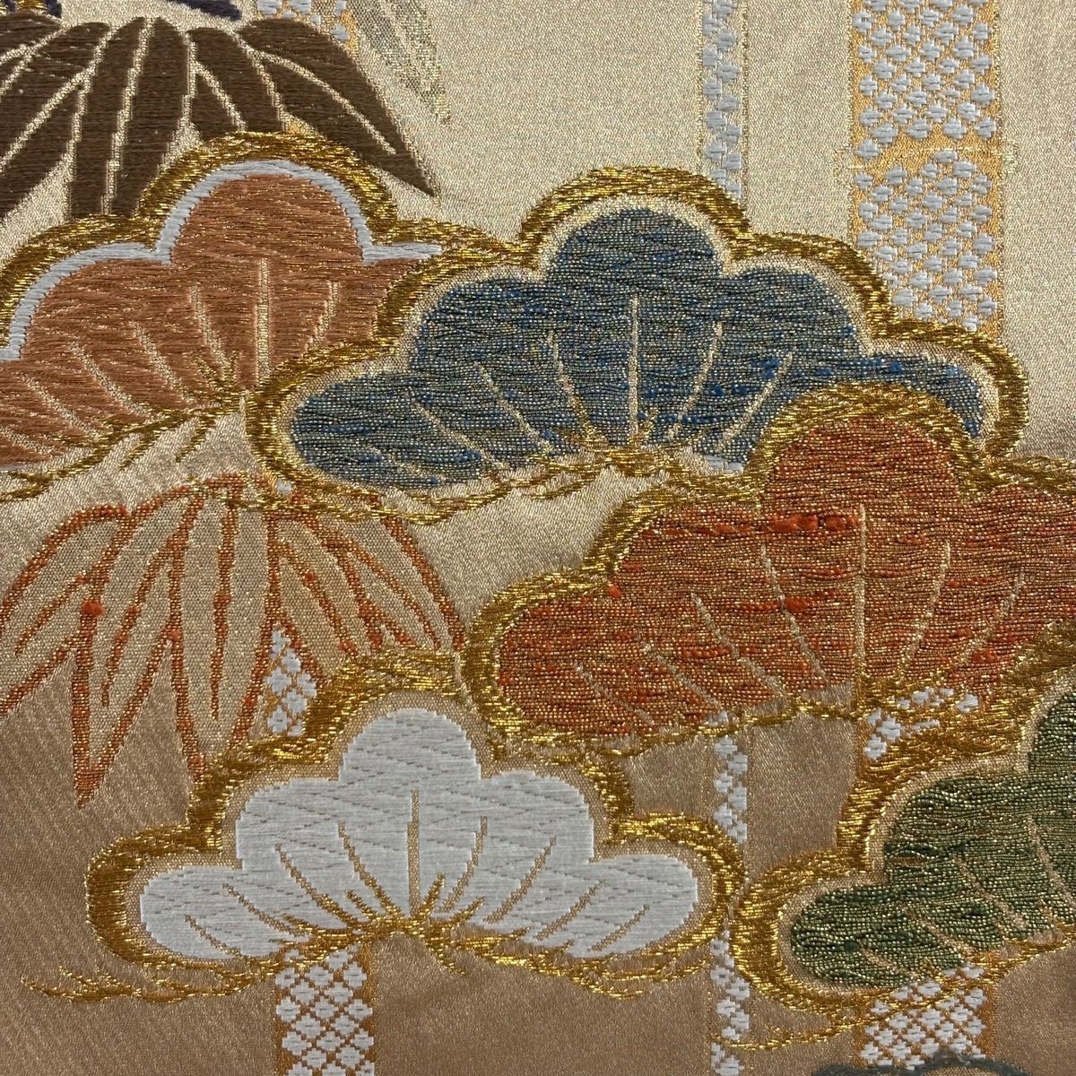 袋帶 秀品級 松樹竹子 楓 唐織 金金箔 金色 六通 純蠶絲