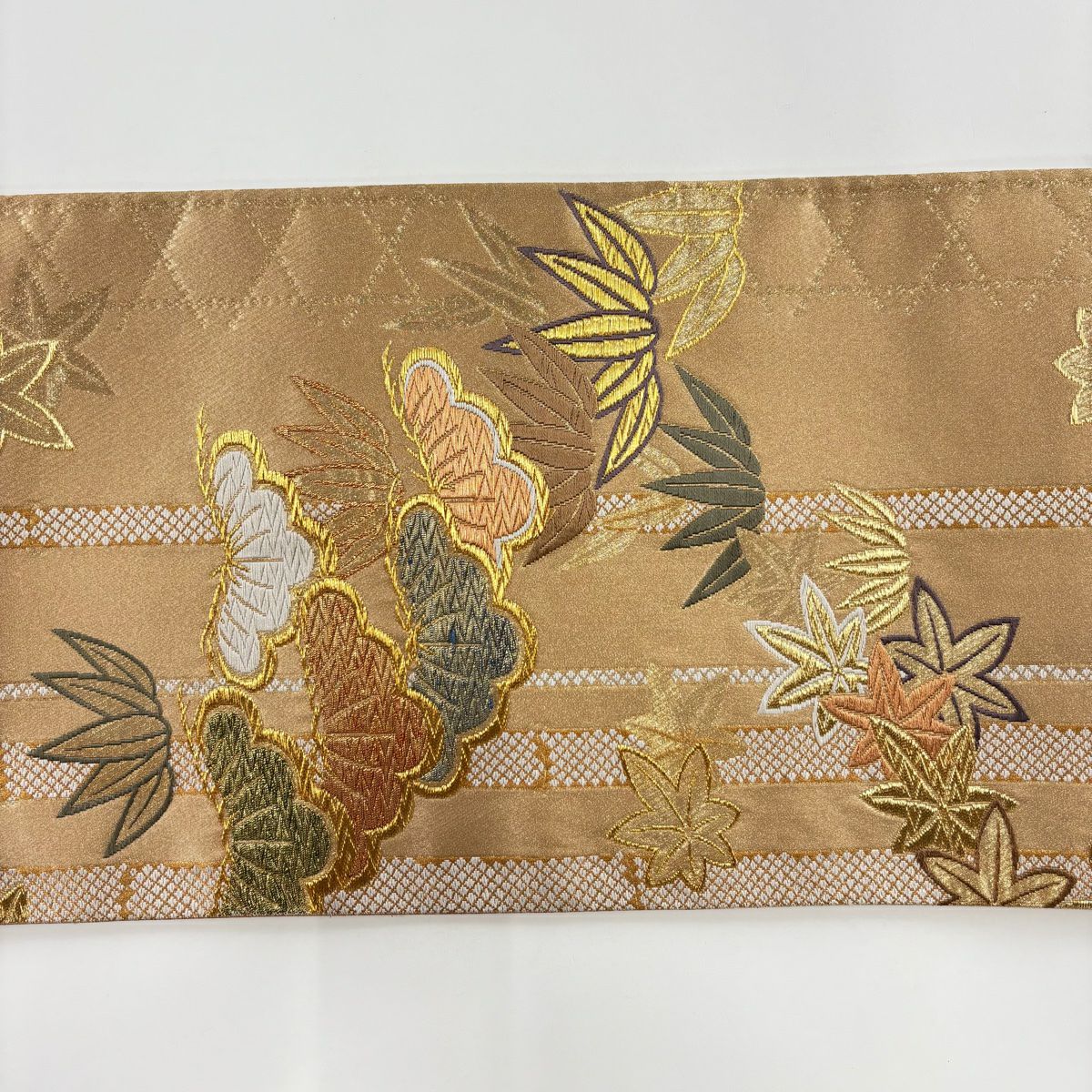 袋帶 秀品級 松樹竹子 楓 唐織 金金箔 金色 六通 純蠶絲