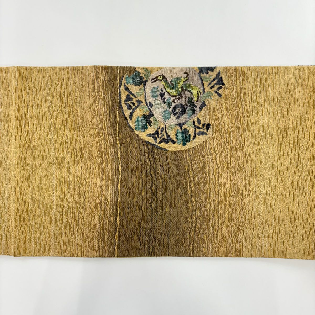 袋帶 秀品級 鳥 草花紋 金糸 淺土色 大鼓圖案 純蠶絲