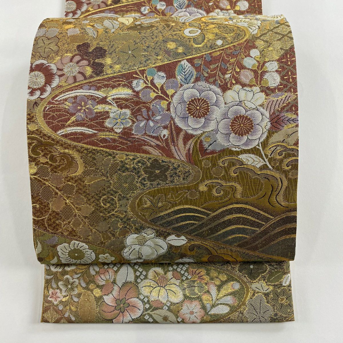 【美品】 袋帶 秀品級 草花紋紋 波 金金箔 金色 六通 純蠶絲