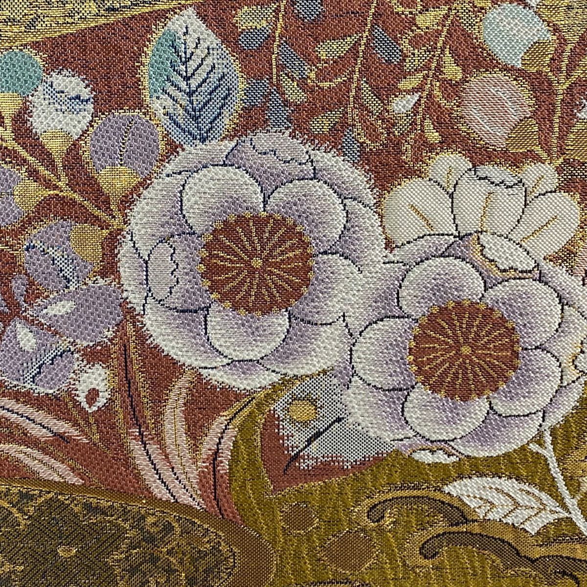 【美品】 袋帶 秀品級 草花紋紋 波 金金箔 金色 六通 純蠶絲