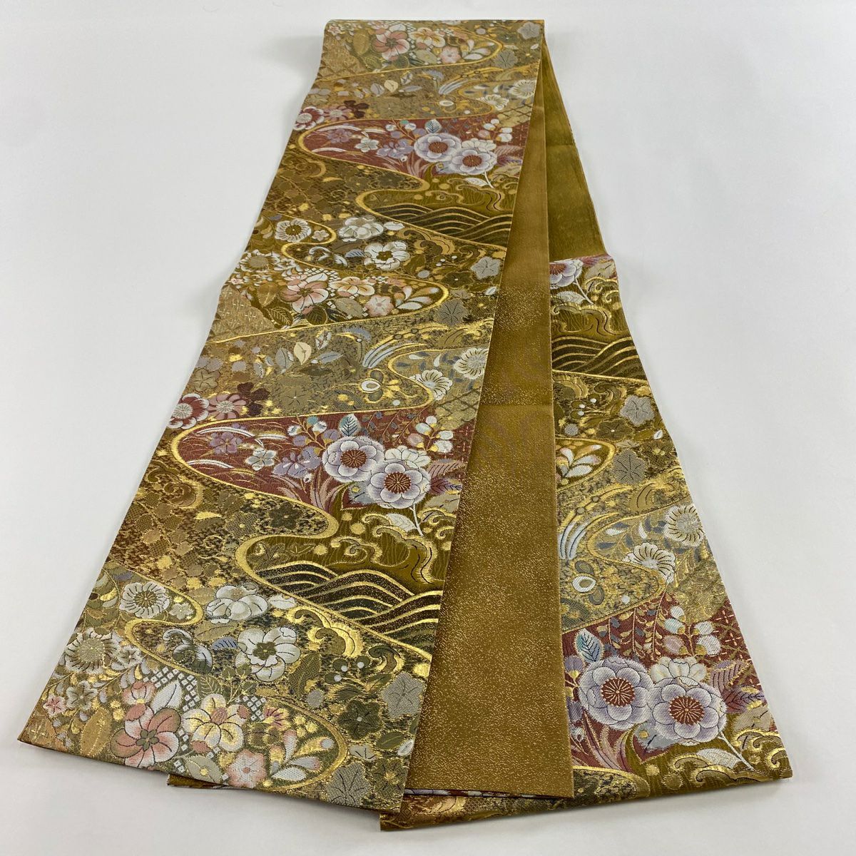 【美品】 袋帶 秀品級 草花紋紋 波 金金箔 金色 六通 純蠶絲