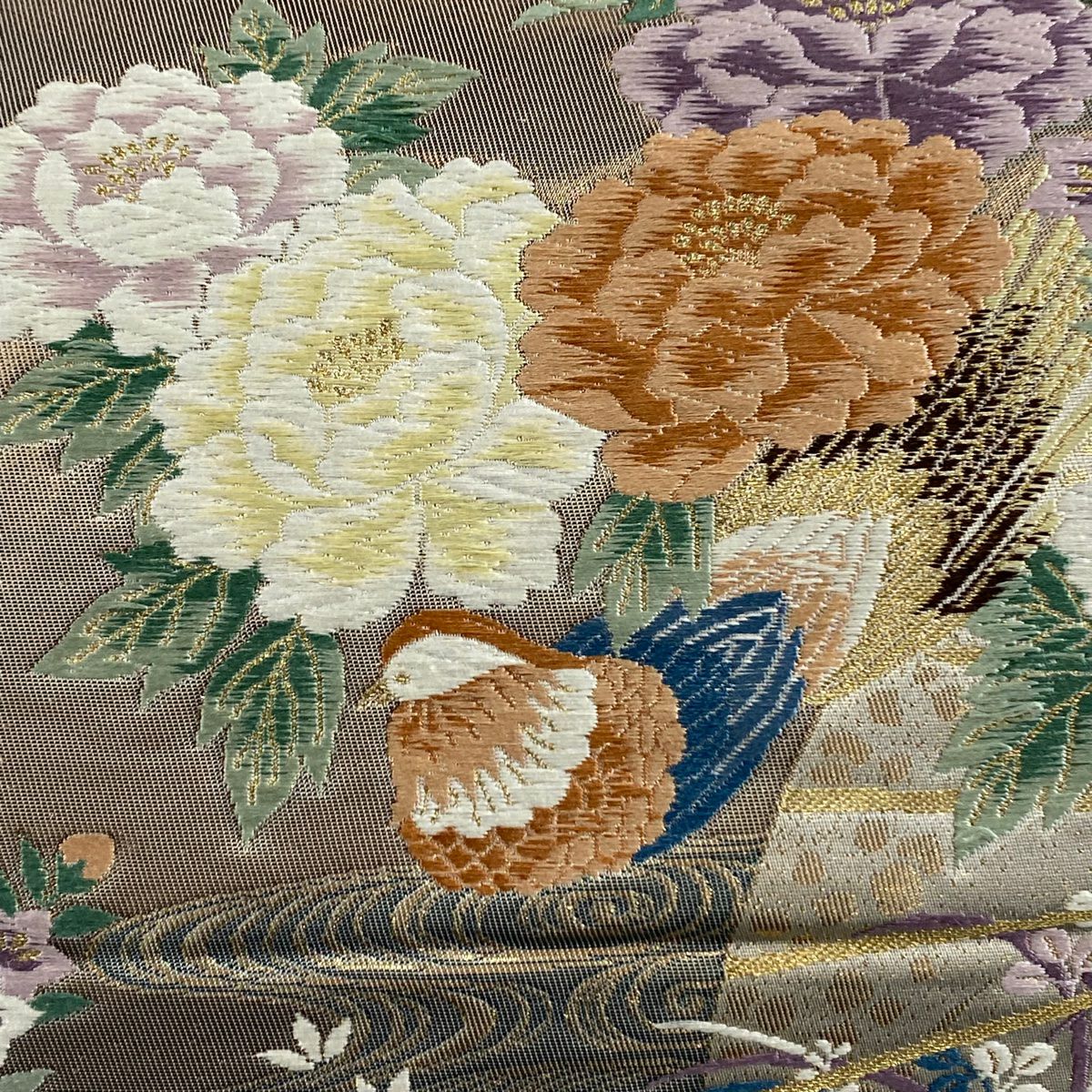 袋帶 秀品級 草花紋紋 鴛鴦 金絲 金金箔 金 六通 純蠶絲