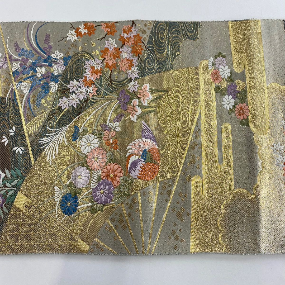 袋帶 秀品級 草花紋紋 鴛鴦 金絲 金金箔 金 六通 純蠶絲