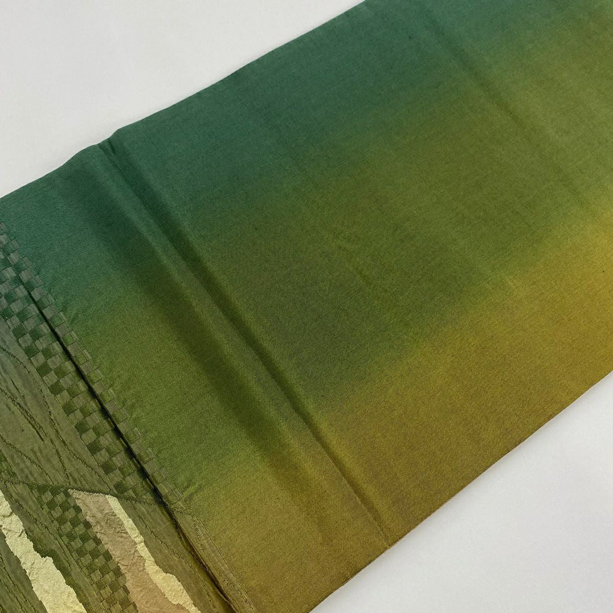 【美品】 袋帶 秀品級 山 市松樹 綠 六通 純蠶絲