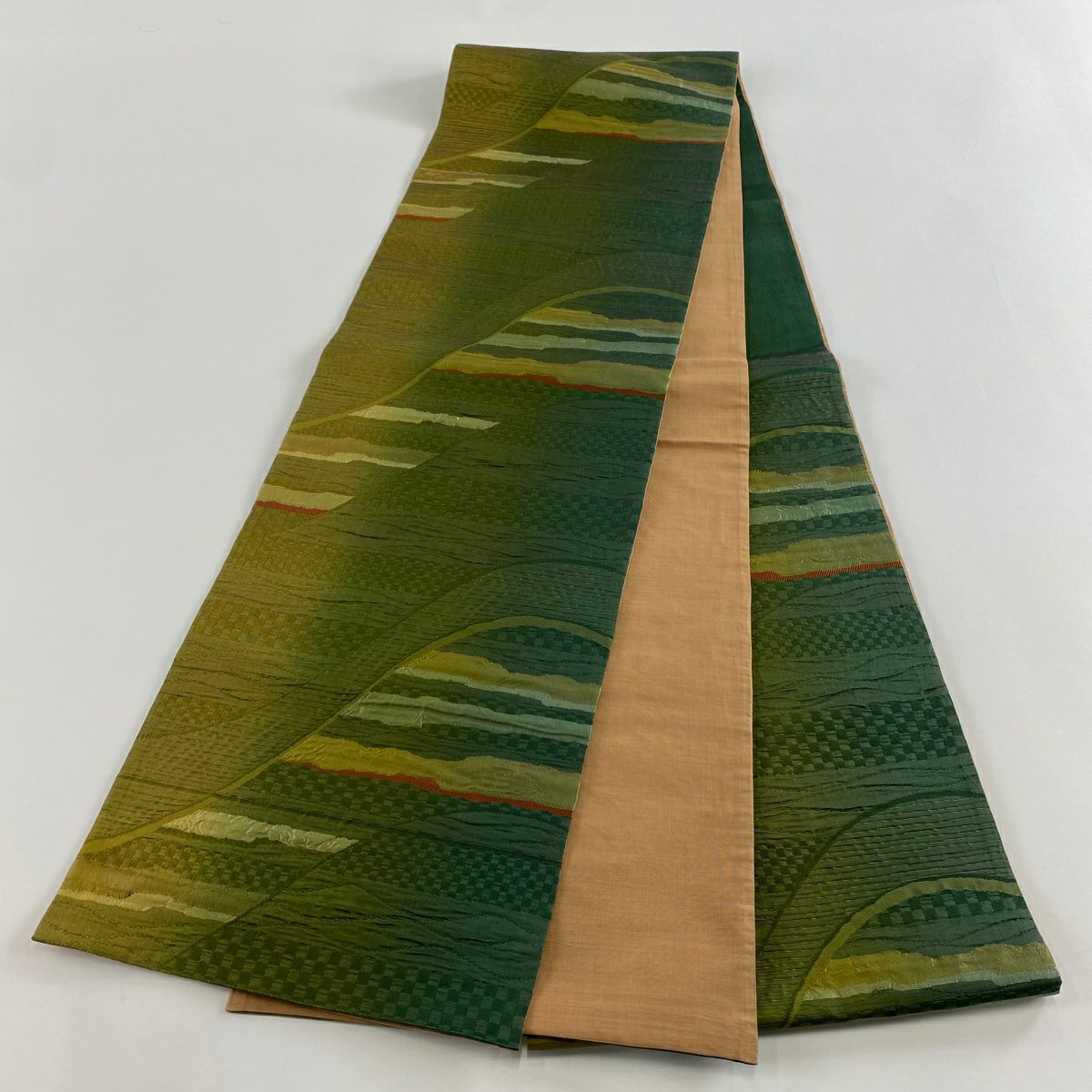 【美品】 袋帶 秀品級 山 市松樹 綠 六通 純蠶絲