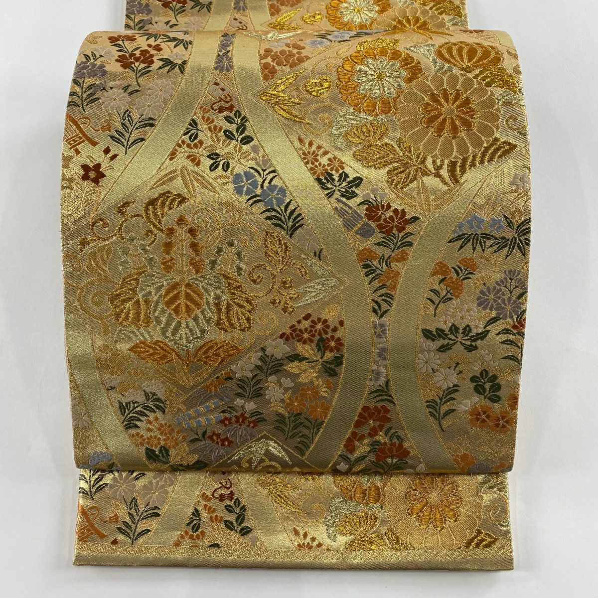 【美品】 袋帶 秀品級 立涌 草花紋 金絲 金金箔 金色 六通 純蠶絲