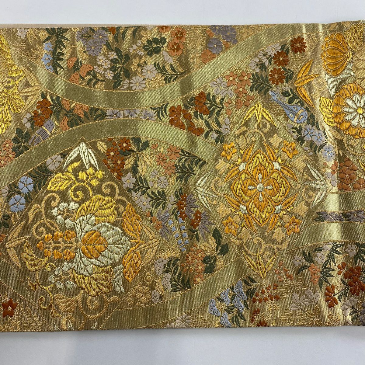 【美品】 袋帶 秀品級 立涌 草花紋 金絲 金金箔 金色 六通 純蠶絲