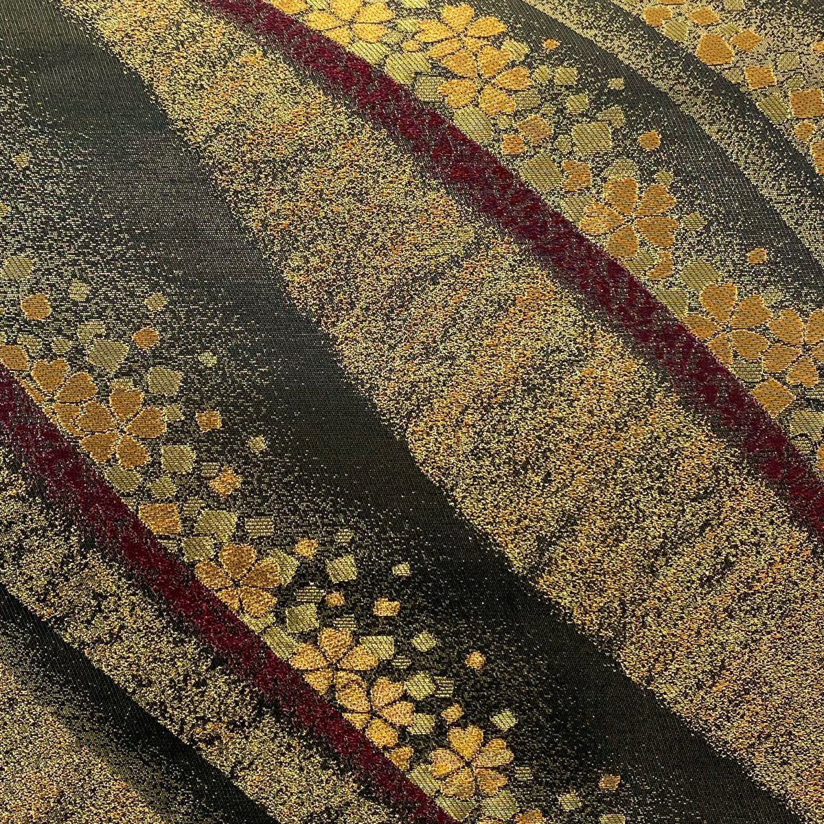 【美品】 袋帶 名品級 森英惠 落款あり 振袖禮服禮服向き 斜縞 櫻花 金絲 金金箔 金茶 六通 純蠶絲