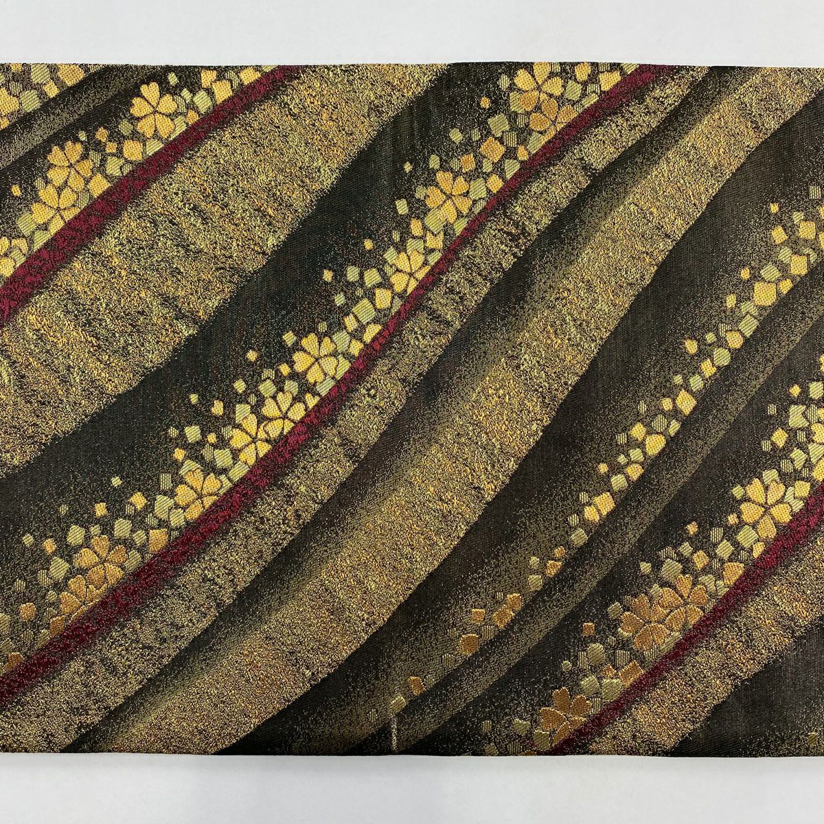 【美品】 袋帶 名品級 森英惠 落款あり 振袖禮服禮服向き 斜縞 櫻花 金絲 金金箔 金茶 六通 純蠶絲