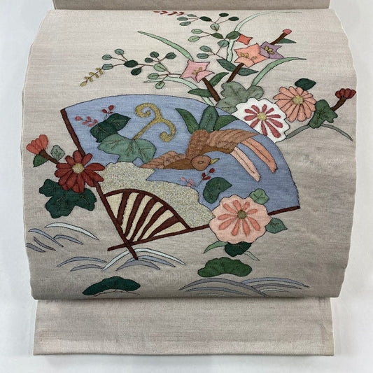 【庫存清倉】 袋帶 名品級 扇子 花鳥 金絲 金金箔 淺茶 細鼓圖案 純蠶絲