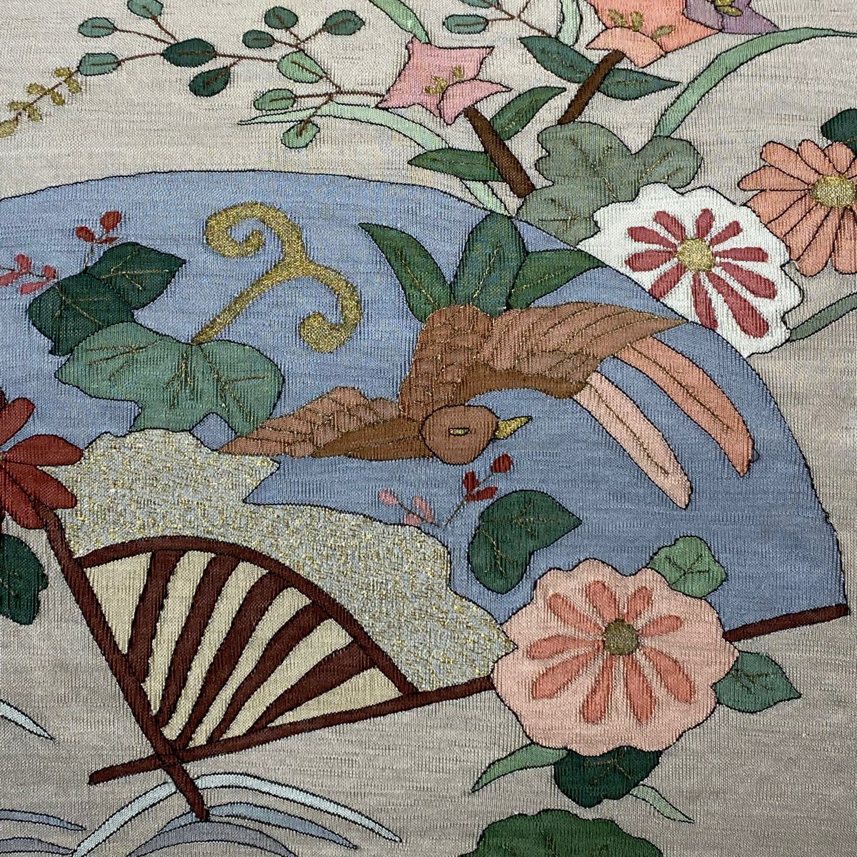 【庫存清倉】 袋帶 名品級 扇子 花鳥 金絲 金金箔 淺茶 細鼓圖案 純蠶絲