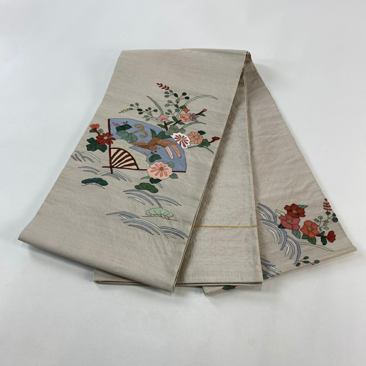 【庫存清倉】 袋帶 名品級 扇子 花鳥 金絲 金金箔 淺茶 細鼓圖案 純蠶絲
