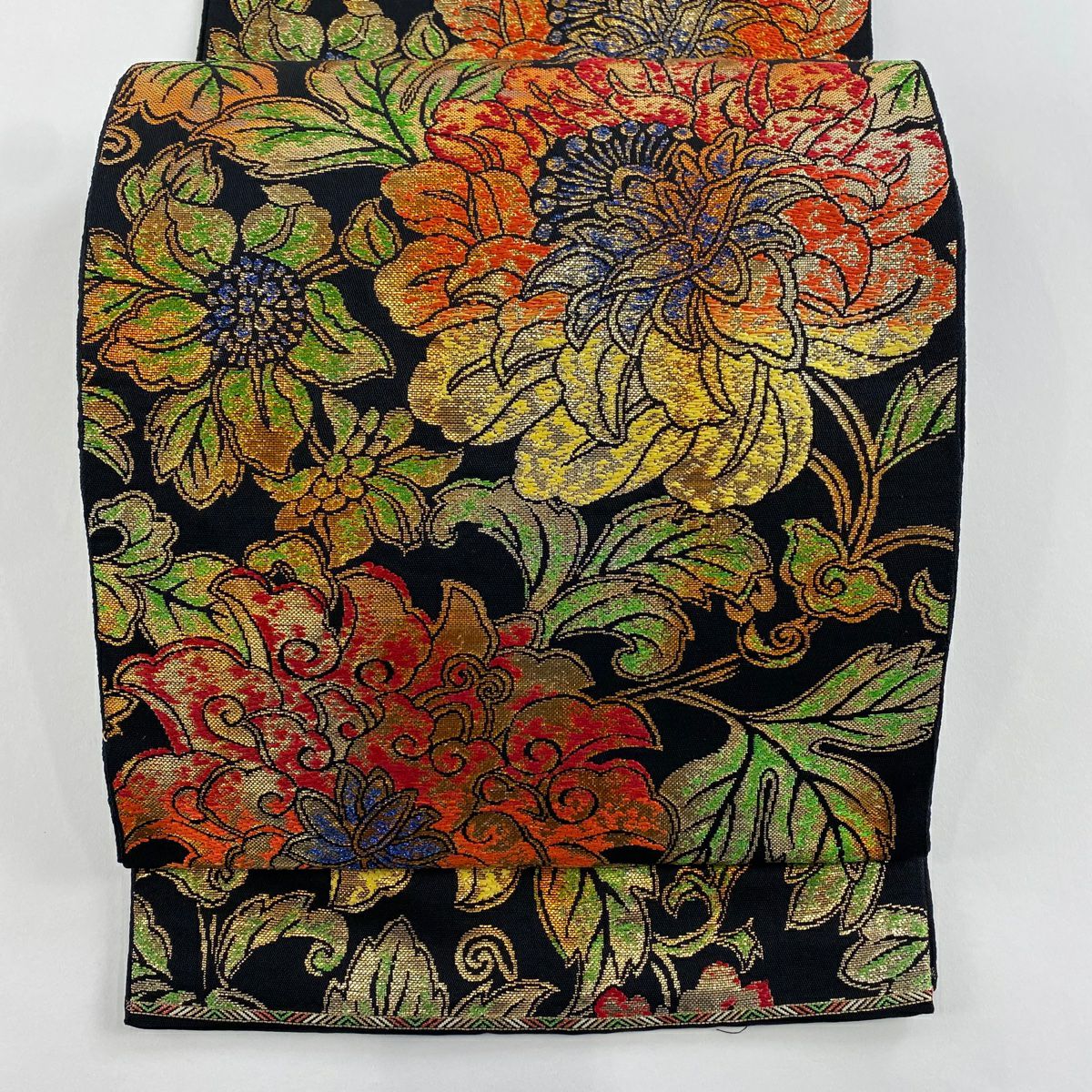 【美品】 袋帶 逸品級 大牡丹印金 關西仕立 草花紋紋 金金箔 拉麵絲 黑 六通 純蠶絲