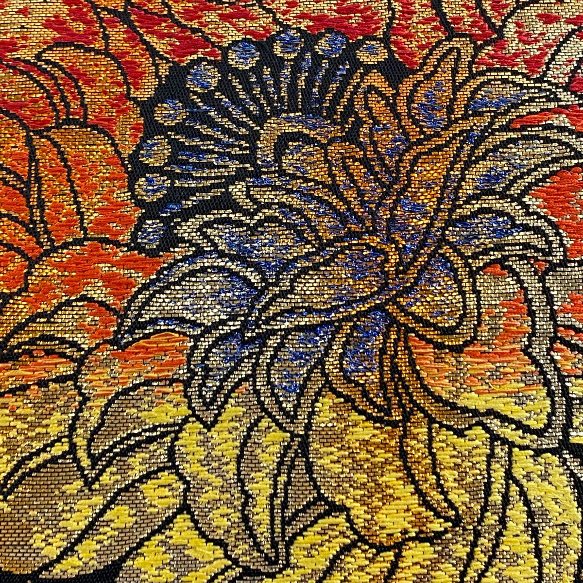 【美品】 袋帶 逸品級 大牡丹印金 關西仕立 草花紋紋 金金箔 拉麵絲 黑 六通 純蠶絲