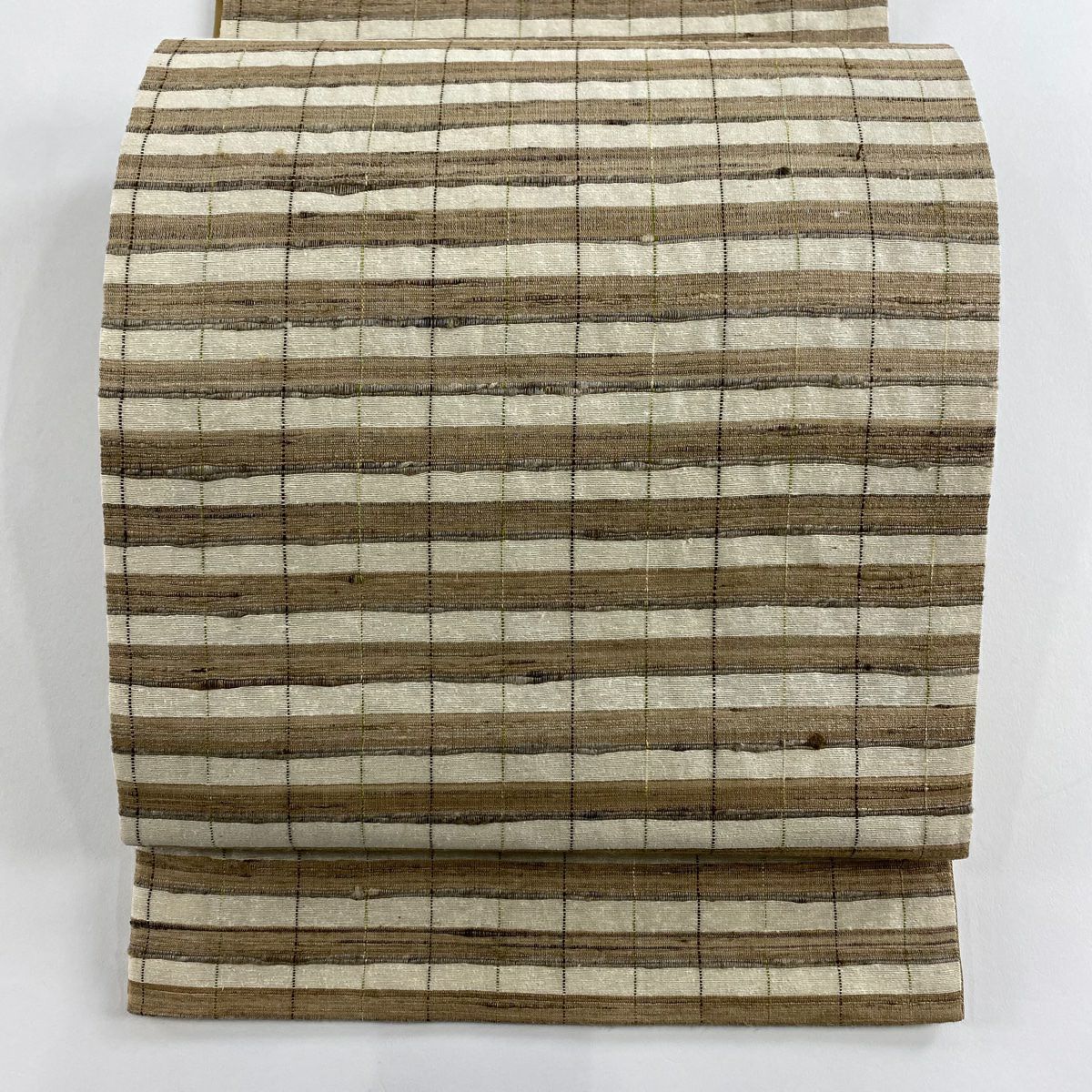 【美品】 袋帶 逸品級 證書附帶 野蠶絲 縞紋 灰茶 全通 純蠶絲