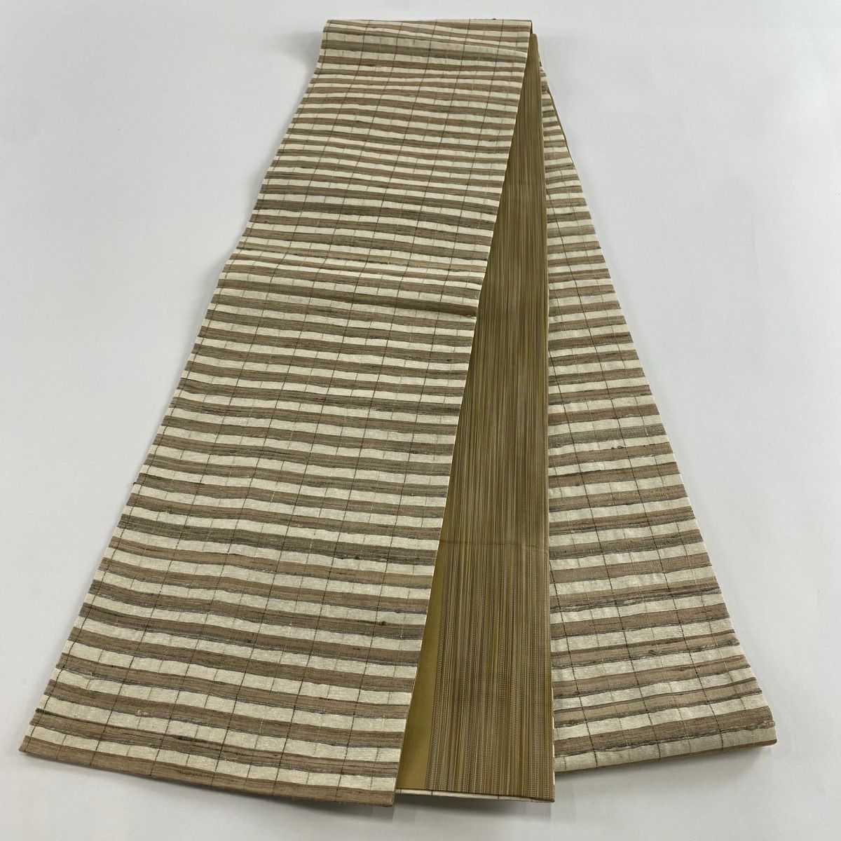 【美品】 袋帶 逸品級 證書附帶 野蠶絲 縞紋 灰茶 全通 純蠶絲