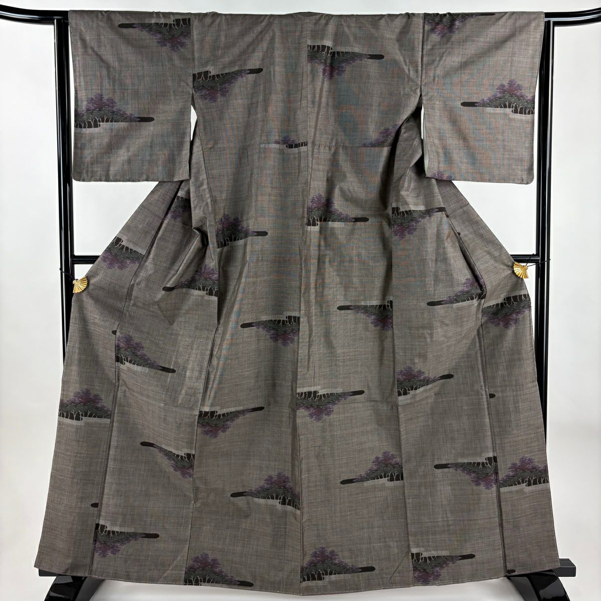 【美品】 紬織 身長163.5cm 袖長64cm M 雙層 樹木 霞 焦茶 純蠶絲 秀品級