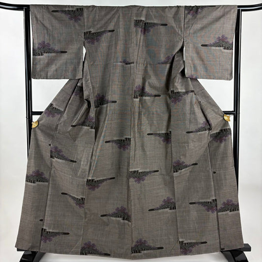 【美品】 紬織 身長163.5cm 袖長64cm M 雙層 樹木 霞 焦茶 純蠶絲 秀品級