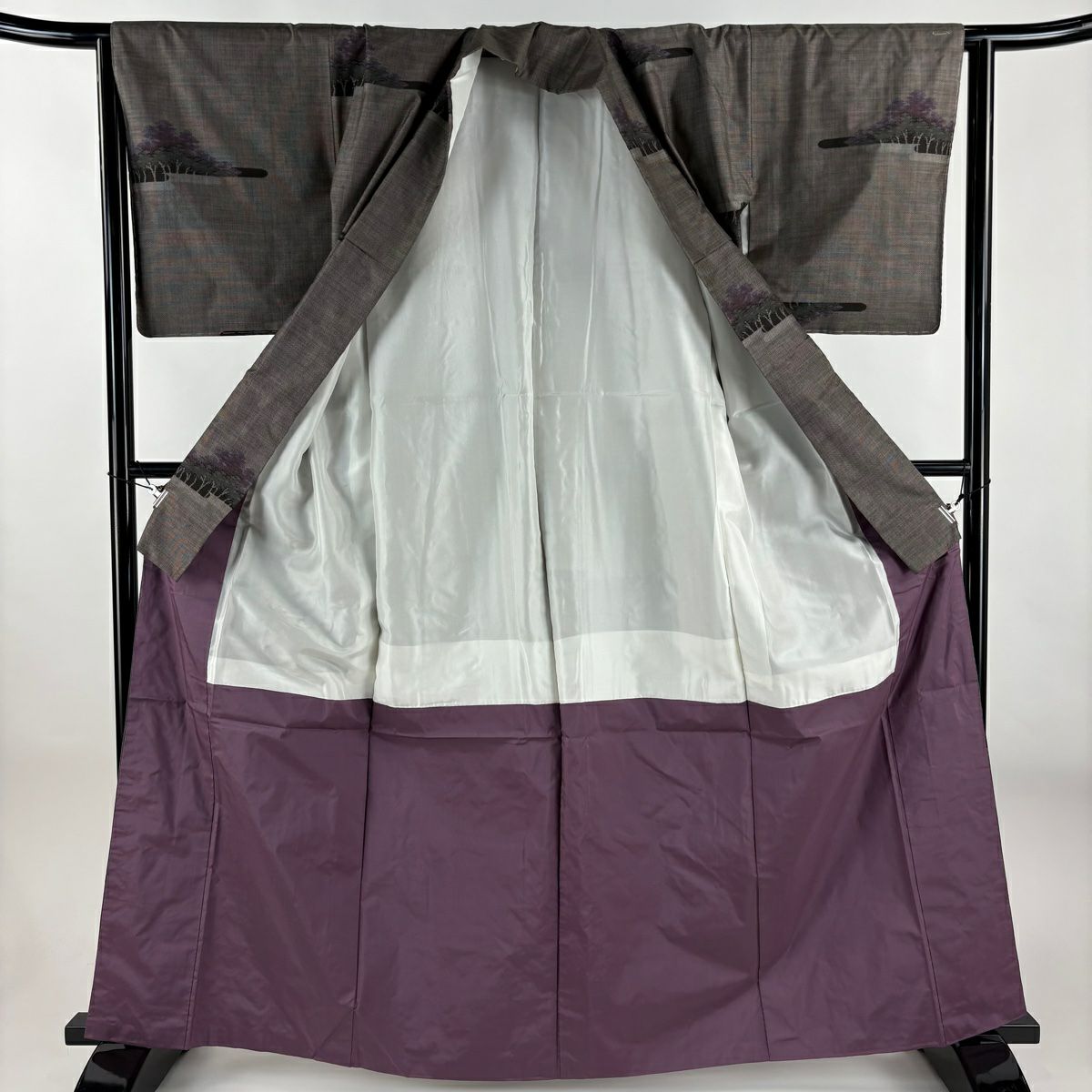 【美品】 紬織 身長163.5cm 袖長64cm M 雙層 樹木 霞 焦茶 純蠶絲 秀品級