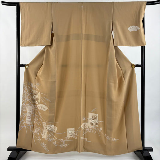 訪問服 身長160.5cm 袖長66cm M 雙層 扇子面 草花紋 金糸 金銀彩 薄茶 純蠶絲 秀品級 一つ紋