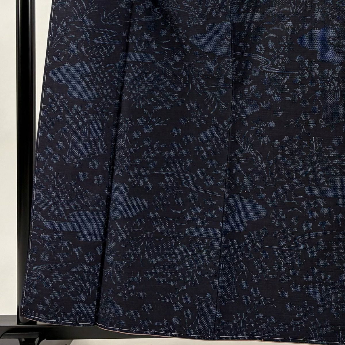 紬織 身長159cm 袖長63.5cm S 雙層 證書齊全 草花紋紋 龜甲絣 深藍 純蠶絲 優品級
