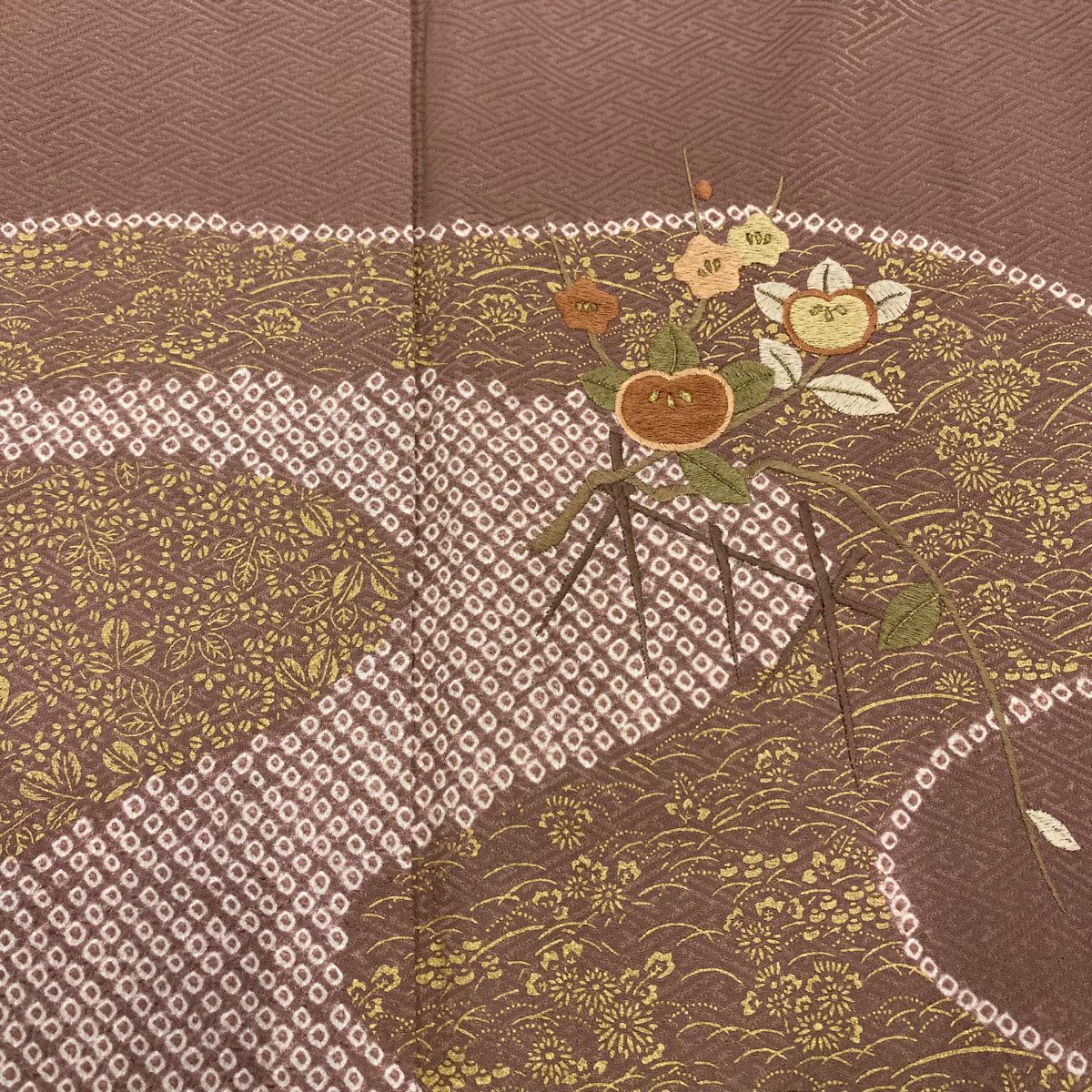 付下 身長158cm 袖長66cm M 雙層 橘花 霞 刺繡 金彩裝飾 薄小豆 純蠶絲 秀品級