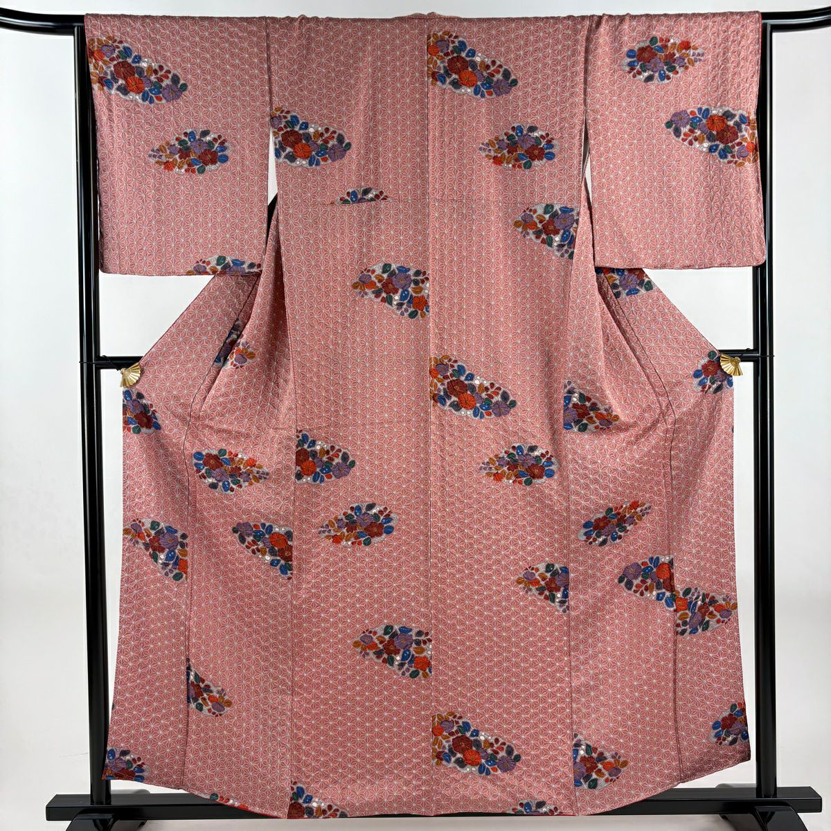 【美品】 小紋 身長158cm 袖長65.5cm M 雙層 草花紋紋 麻葉 絞染 鮭粉色 純蠶絲 秀品級