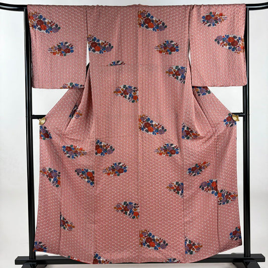 【美品】 小紋 身長158cm 袖長65.5cm M 雙層 草花紋紋 麻葉 絞染 鮭粉色 純蠶絲 秀品級