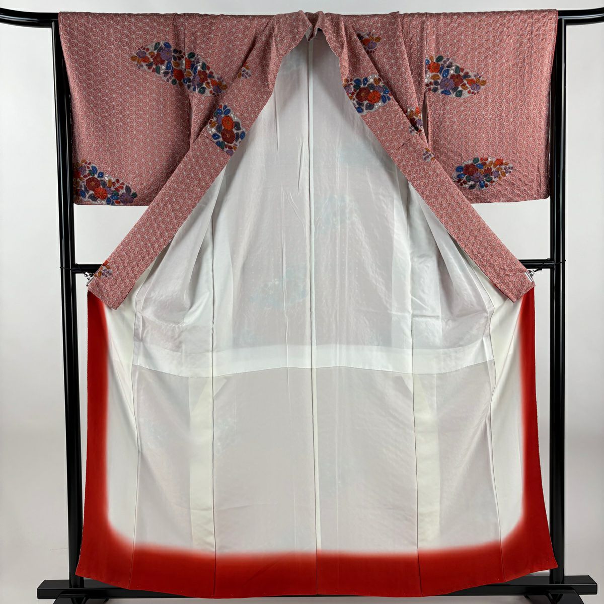【美品】 小紋 身長158cm 袖長65.5cm M 雙層 草花紋紋 麻葉 絞染 鮭粉色 純蠶絲 秀品級