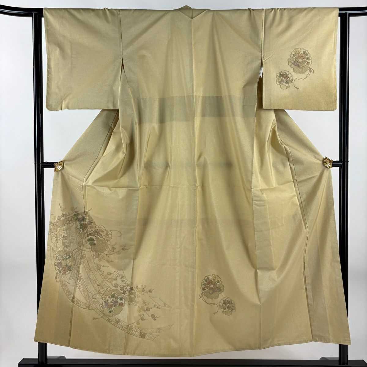 【美品】 付下 身長153cm 袖長63cm S 雙層 紬織織 雪輪 草花紋紋 刺繡 米色 純蠶絲 秀品級