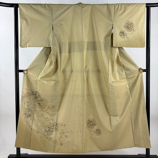 【美品】 付下 身長153cm 袖長63cm S 雙層 紬織織 雪輪 草花紋紋 刺繡 米色 純蠶絲 秀品級
