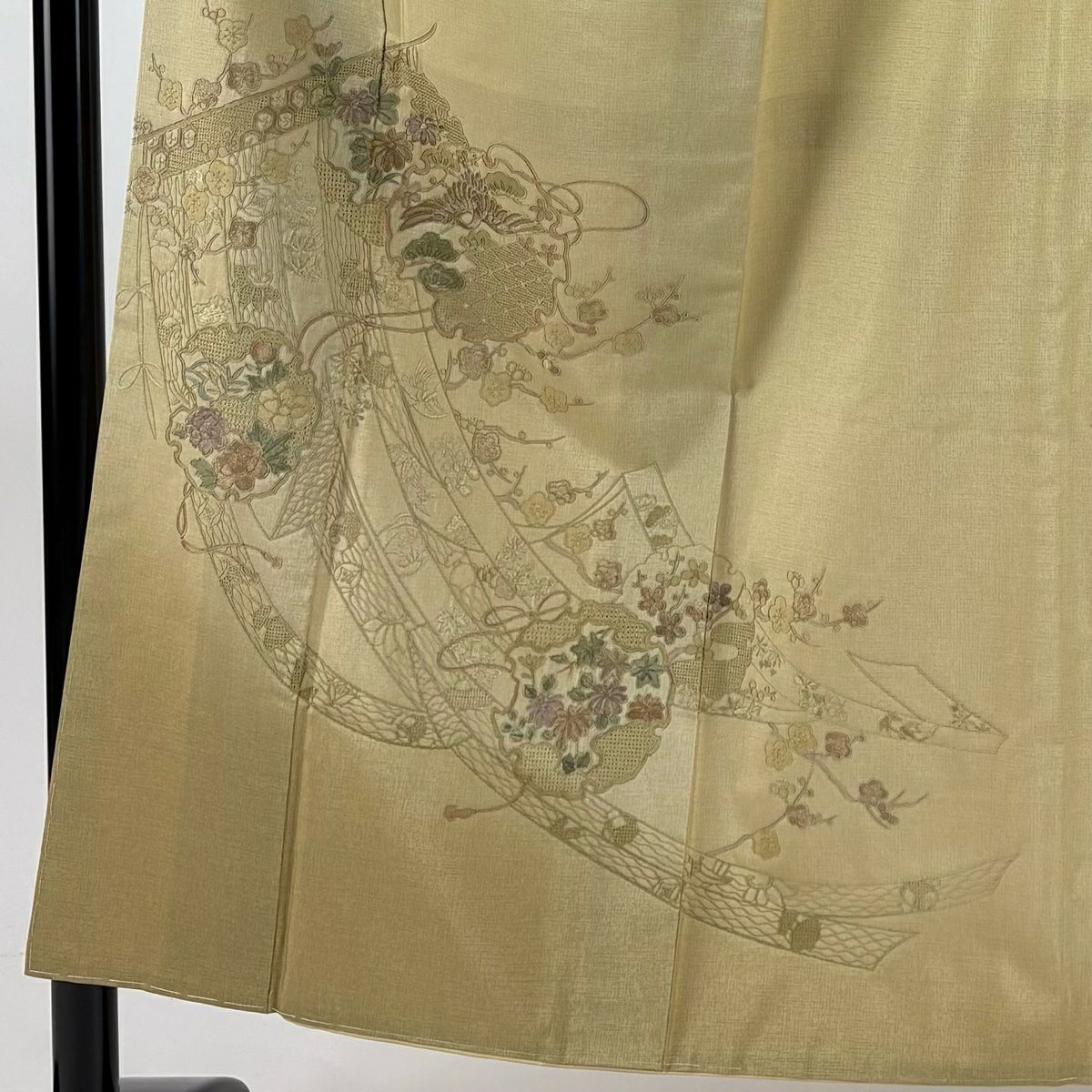 【美品】 付下 身長153cm 袖長63cm S 雙層 紬織織 雪輪 草花紋紋 刺繡 米色 純蠶絲 秀品級