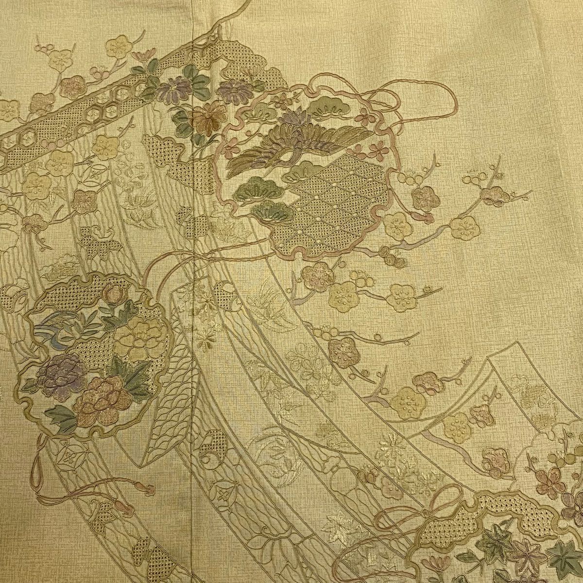 【美品】 付下 身長153cm 袖長63cm S 雙層 紬織織 雪輪 草花紋紋 刺繡 米色 純蠶絲 秀品級