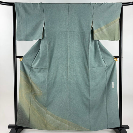 【美品】 付下 身長162cm 袖長64cm M 雙層 落款あり 霞 幾何學 金彩裝飾 淺綠 純蠶絲 秀品級