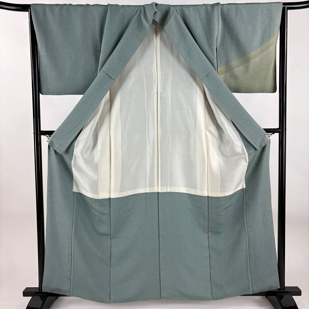 【美品】 付下 身長162cm 袖長64cm M 雙層 落款あり 霞 幾何學 金彩裝飾 淺綠 純蠶絲 秀品級