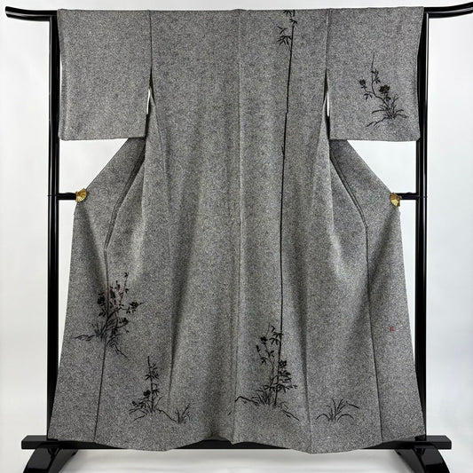 付下 身長157.5cm 袖長64.5cm M 雙層 落款 草花紋紋 竹子 金銀彩 黑灰 純蠶絲 優品級